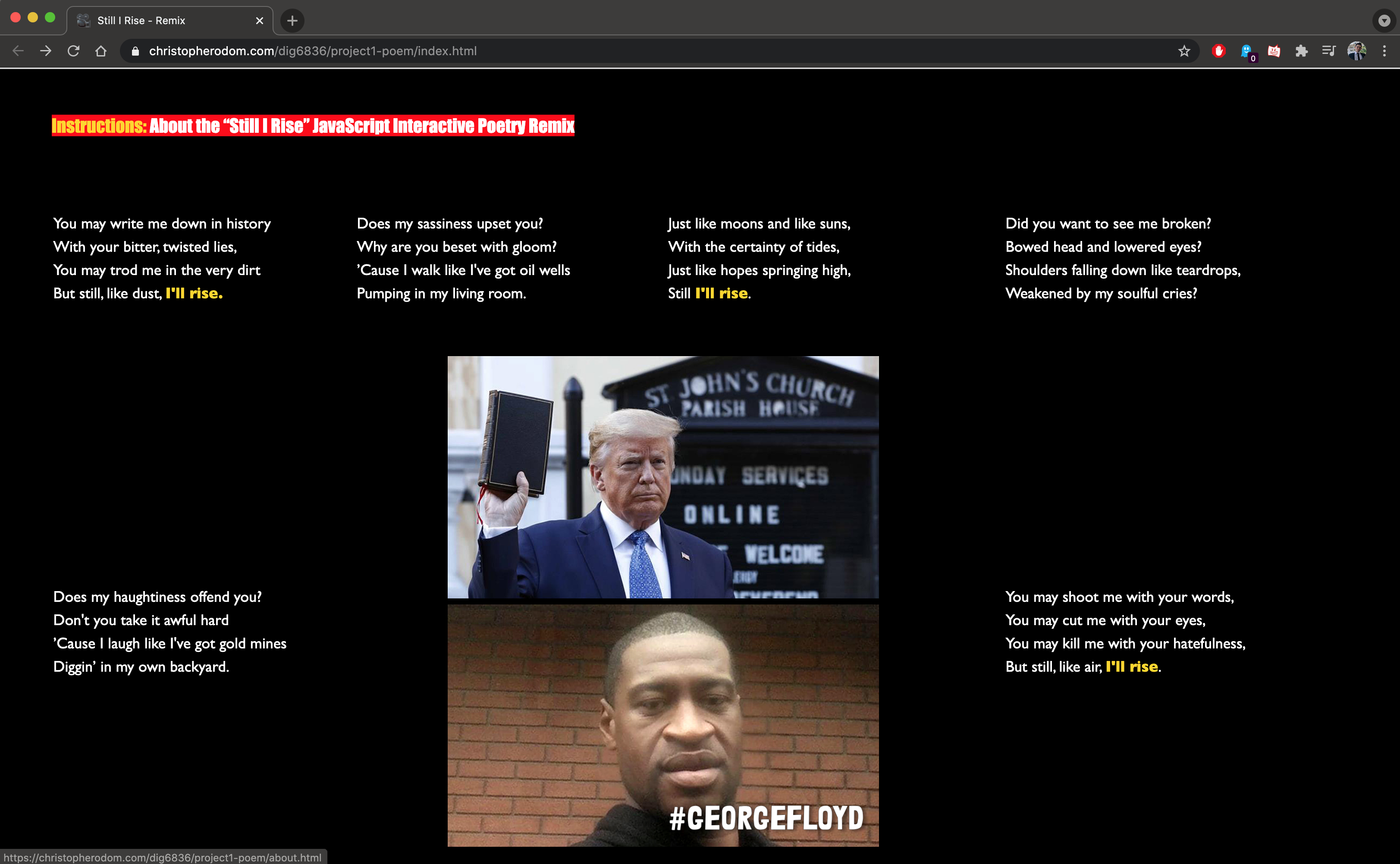 Hovering over text in "Still I Rise"
